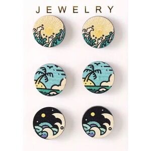 Surf Stud Earrings Set of 3‎ Pairs Printed Ocean Scenes Waves Beach NEW